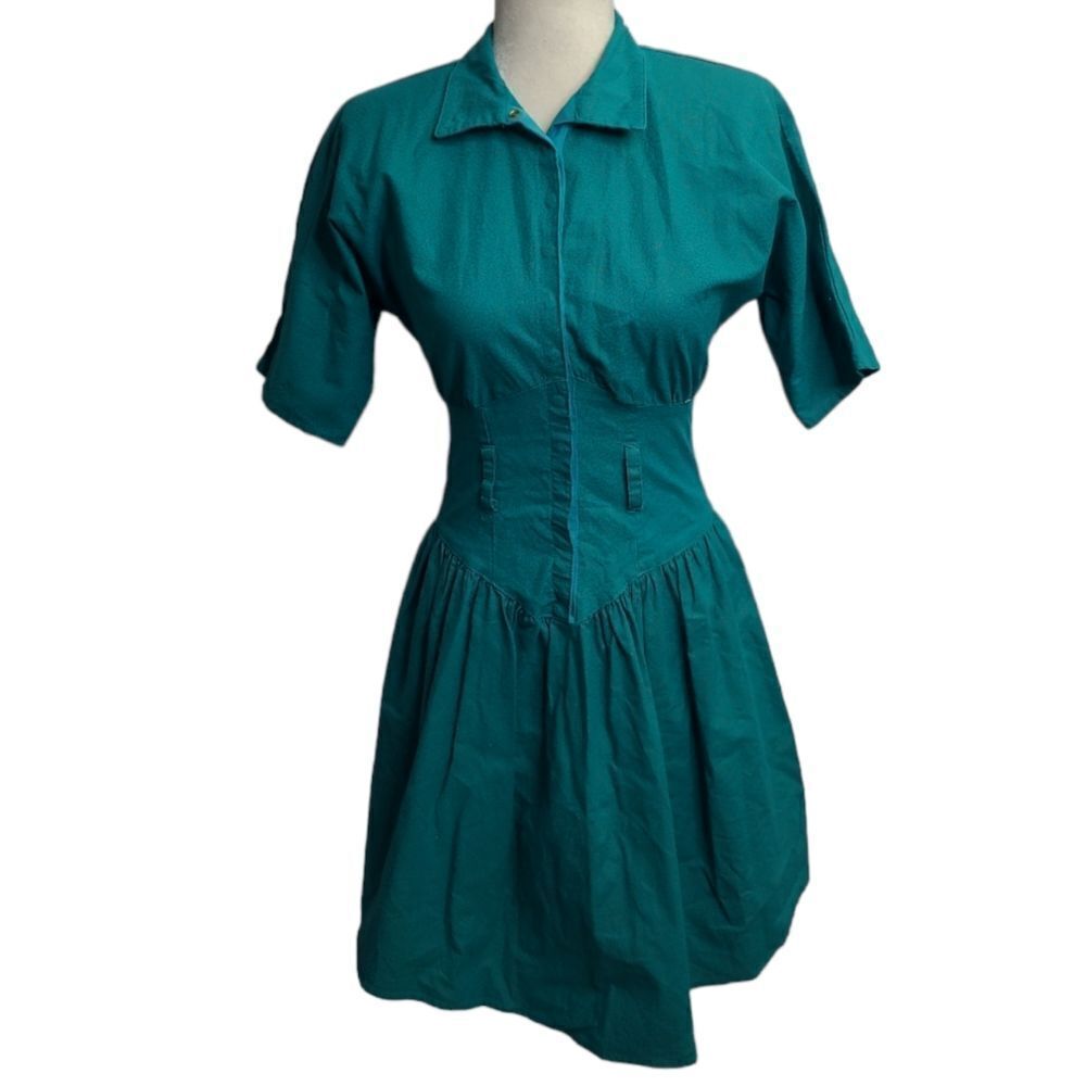 VINTAGE‎ 80s teal gold print snap button cinched waist shirt dress XS